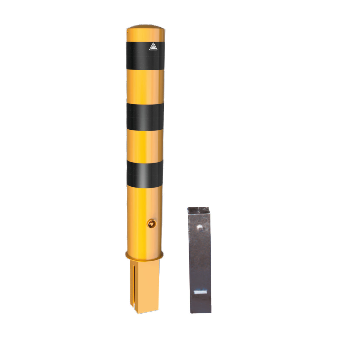Stahlrohrpoller 193 mm, 1000 mm, verzinkt, gelb-schwarz, zum Herausnehmen mit Bodenhülse mit 3-Kant Schliessung.