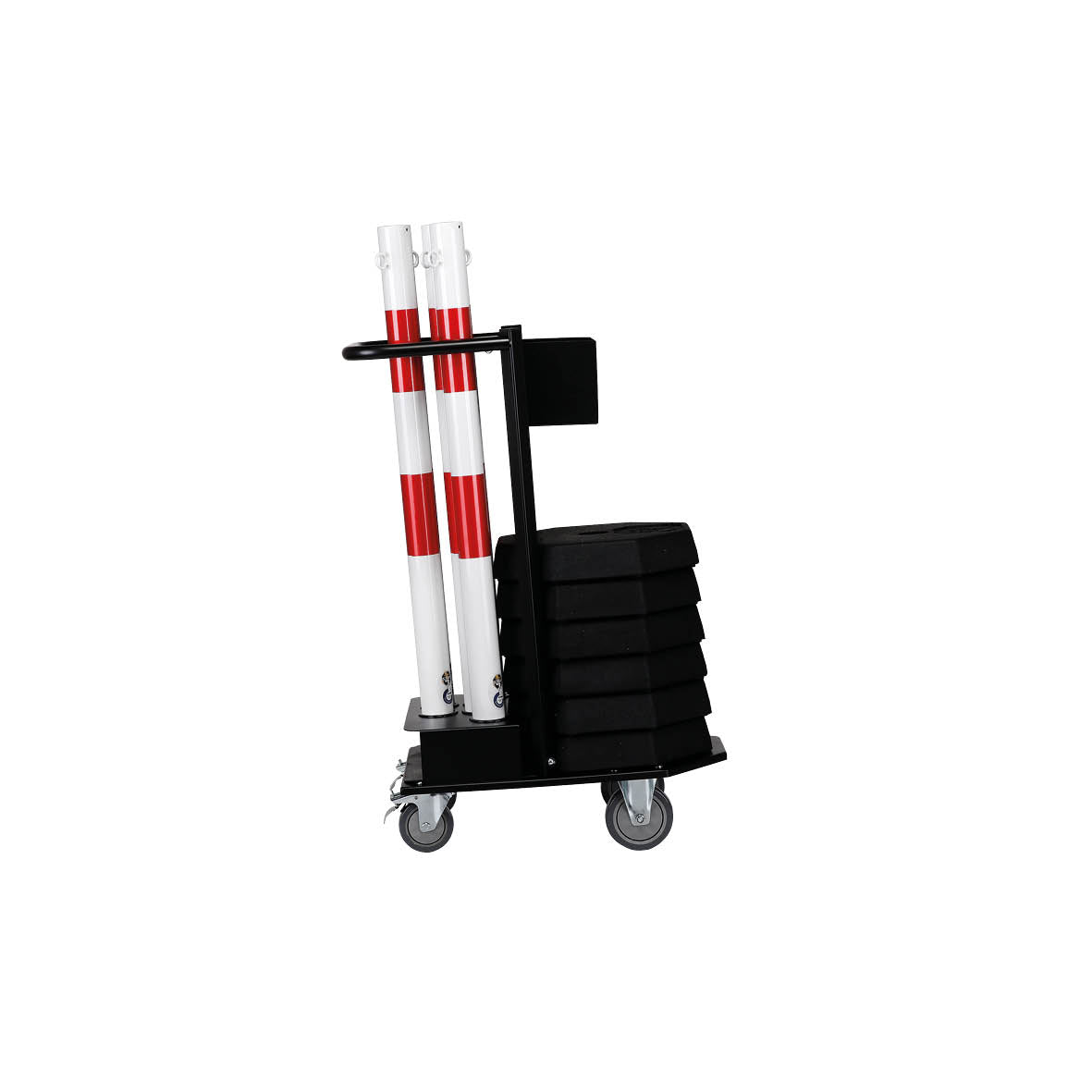 Kettenständer-Set Octa, ø 60 mm, rot-weiss, 6 Stk. mit Kette ø 6 mm 25 m und Fussplatte 8-eckig, 37 cm. Inklusive Transportwagen, 92 kg