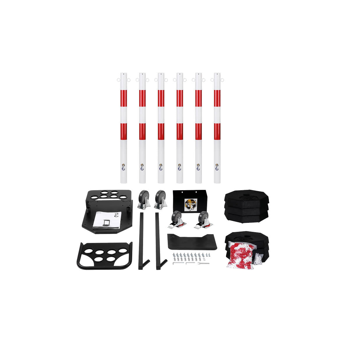 Kettenständer-Set Octa, ø 60 mm, rot-weiss, 6 Stk. mit Kette ø 6 mm 25 m und Fussplatte 8-eckig, 37 cm. Inklusive Transportwagen, 92 kg