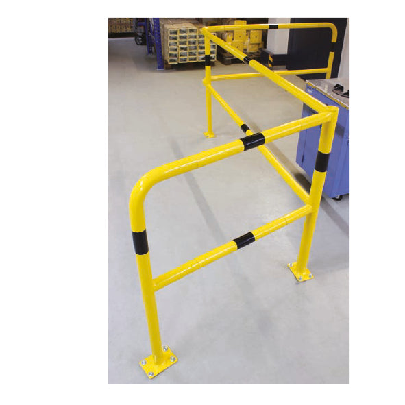 Schutzgeländer Stahlrohr, Endpfosten, ø 48 mm, gelb-schwarz, 1000/250 cmm, feuerverzinkt, gelb pulverbeschichtet, 3,5 kg, Bodenplatte 100 x 150 mm