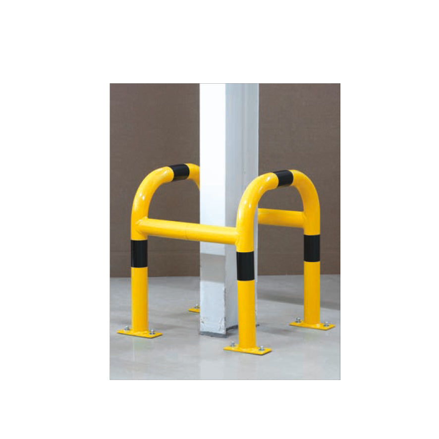 Pfostenschutz Stahl zweiteilig, verzinkt und gelb-schwarz, H/B 650/600 mm, ø 60 mm mit Bodenplatten zum Aufschrauben. 19.0 kg