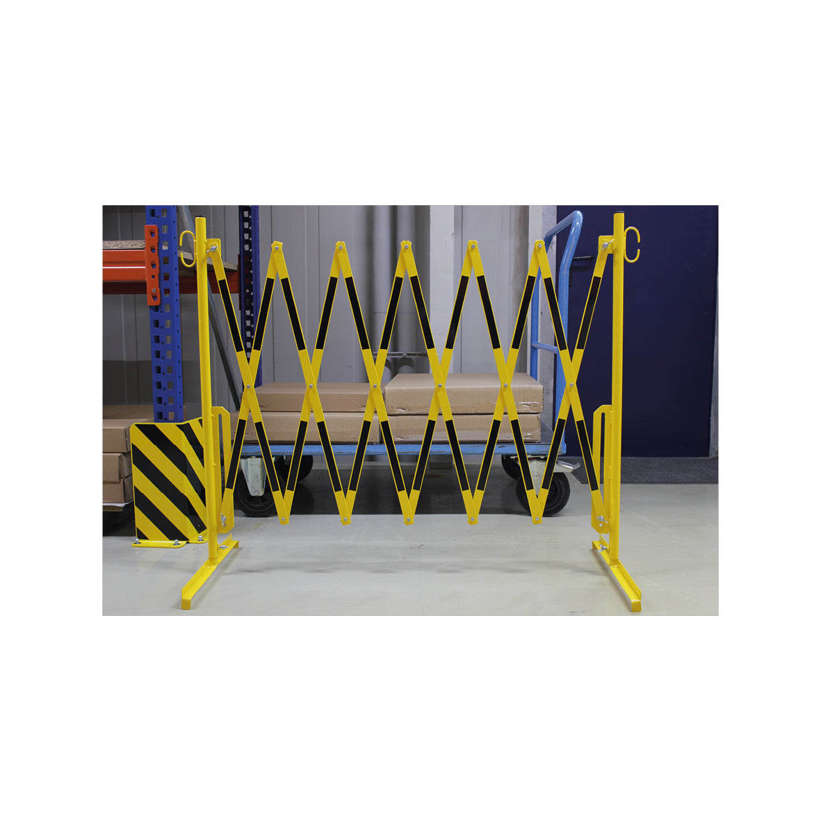 Scherensperre, Stahl, gelb-schwarz lackiert, Max. Breite 3.6 m. Gewicht: 12 kg, B/H/T: 380 x 950 x 450 mm, zusammengeklappt