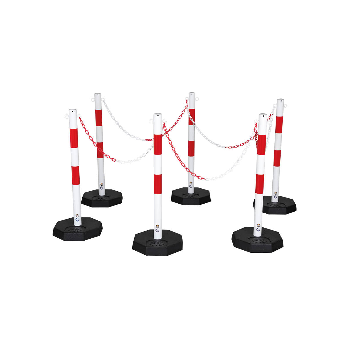 Kettenständer-Set Octa, ø 60 mm, rot-weiss, 6 Stk. mit Kette ø 6 mm 25 m und Fussplatte 8-eckig, 37 cm, 73.0 kg