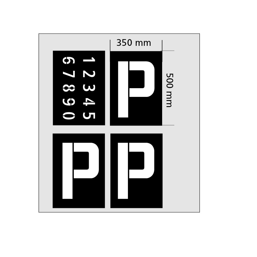 Markierschablone Kunststoff, 8.0035, 4 Einzelschablonen (3 x "P"/Zahlen)