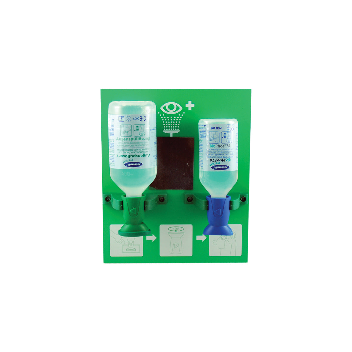 Augenspülstation, Double II, 1 x 500 ml Natriumchloridlösung 0,9 % und 1 x 250 ml BioPhos®74, Haltbarkeit 3 Jahre. Spülzeit ca. 5 und 2,5 Min