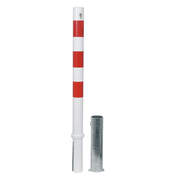 Absperrpfosten ø 76 mm zum Herausnehmen, mit Sicherheitsschliessung, verzinkt, weiss, mit roten reflektierenden Streifen, H=900 mm über Flur
