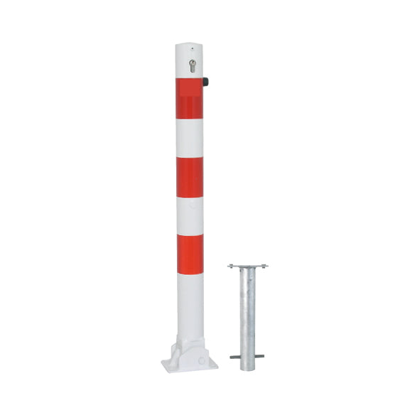 Absperrpfosten ø 76 mm, umlegbar zum Aufschrauben, mit Sicherheitsschliessung, drei Schlüssel, verzinkt und weiss beschichtet, mit roten reflektierenden Streifen, H=900 mm