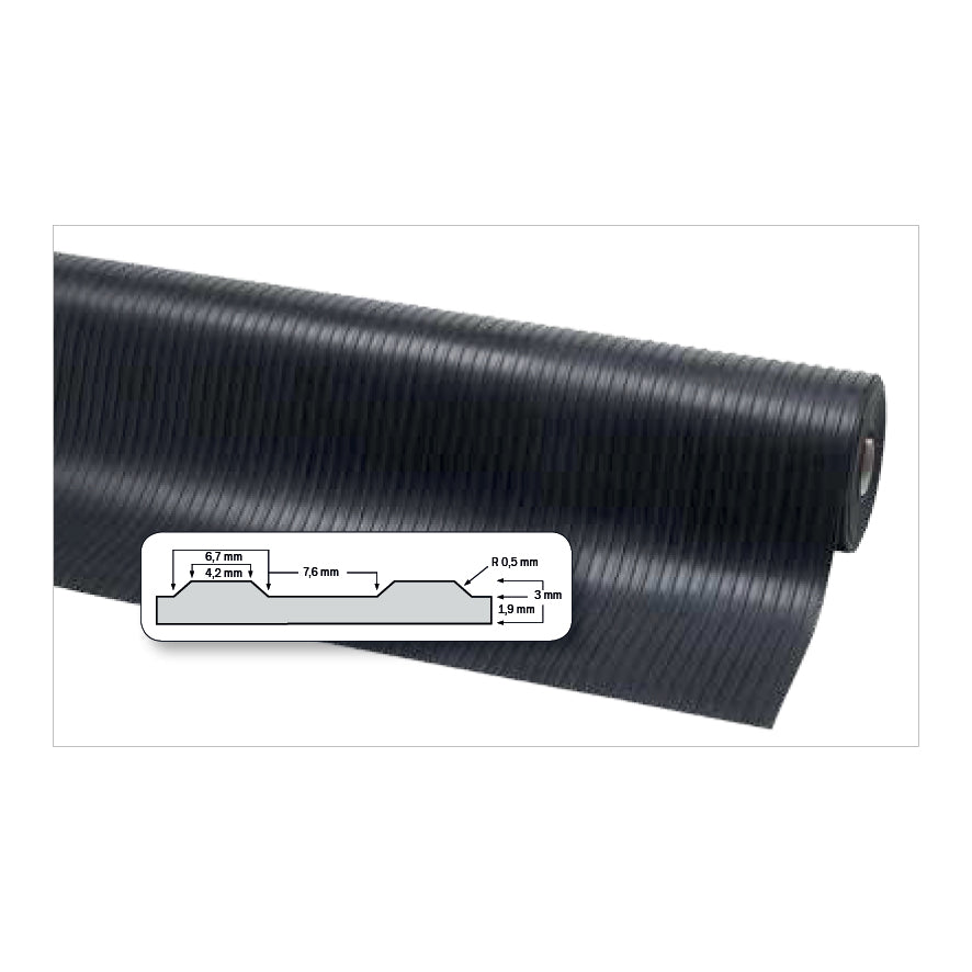 Arbeitsplatzmatte Rib 'n' Roll, flexibles und widerstandfähiger Gummi, Stärke 3 mm, Grösse 100 cm x 10 m, Gewicht 38 kg, breite Rillen, schwarz