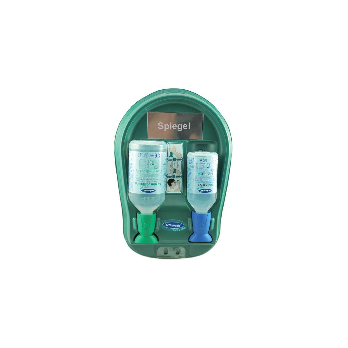 Augenspülstation, Medidrop II, 1 x 500 ml Natriumchloridlösung, 0,9 % und 1 x 25 ml BioPhos®74. Haltbarkeit 3 Jahre. Spülzeit ca. 5 und 2,5 Min.