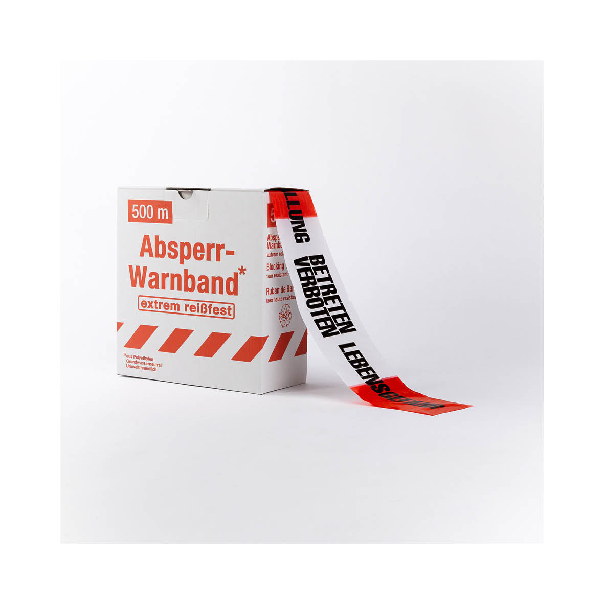 Absperrband Text, HOLZFÄLLUNG BETRETEN, VERBOTEN LEBENSGEFAHR, rot-weiss, 500 m x 80 mm, VE 5 Stk.