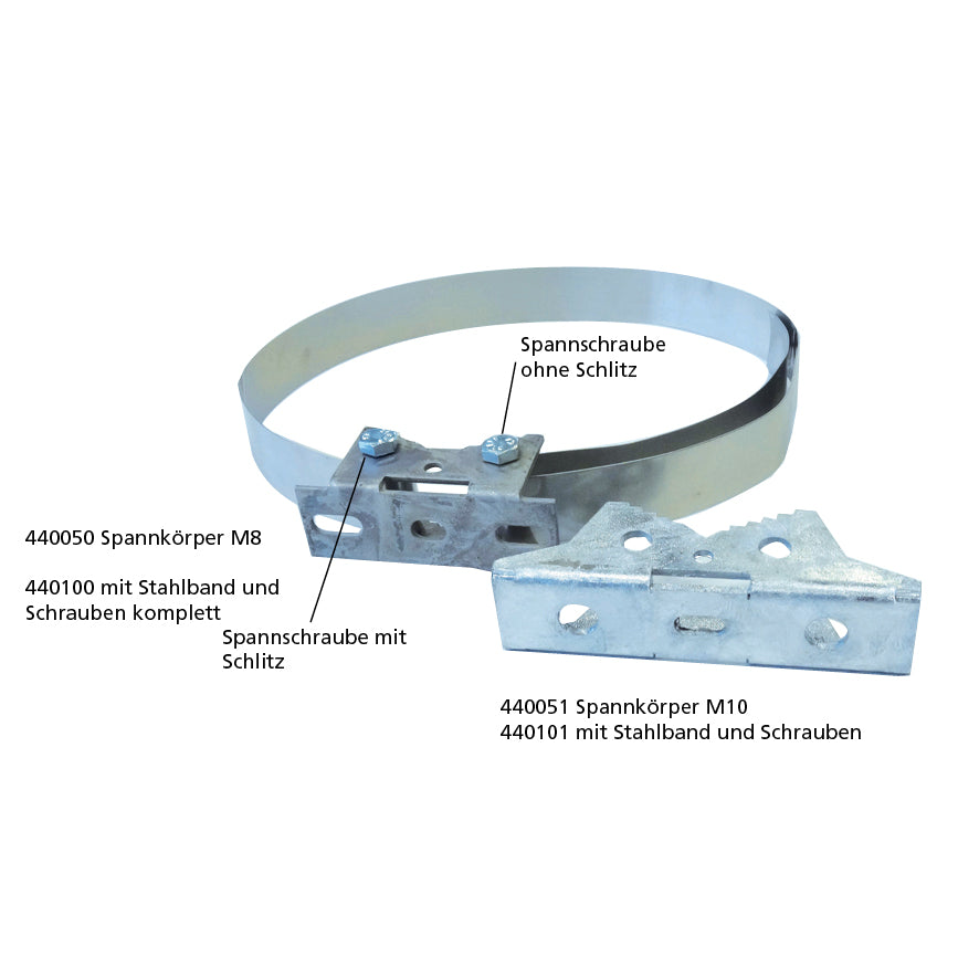 Stahlbandbride M8, Lochabstand 60 bis 80 mm, komplett