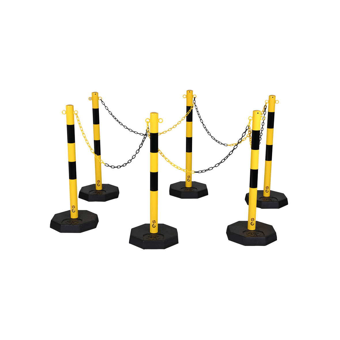 Kettenständer-Set Octa, ø 60 mm, gelb-schwarz, 6 Stk. mit Kette ø 6 mm 25 m und Fussplatte 8-eckig, 37 cm, 73.0 kg