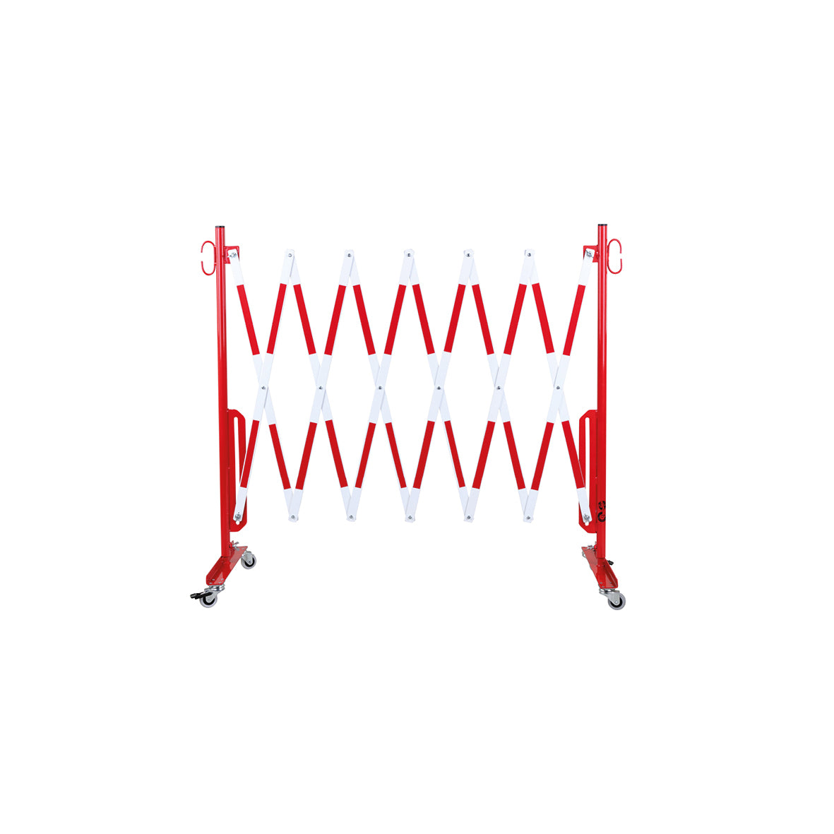 Scherensperre mit Rollen, Stahl, rot-weiss lackiert, Max. Breite 4.0 m. Gewicht: 17.5 kg, B/H/T: 380 x 950 x 450 mm, zusammengeklappt