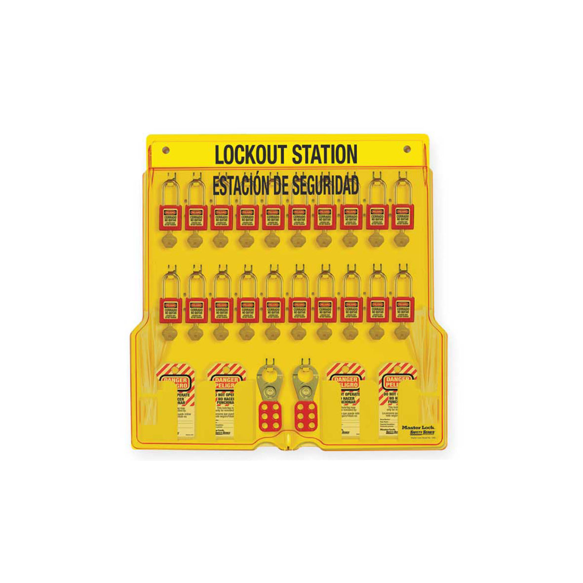 Lockout-Stationen, mit 20 roten Standart Schlössern (verschieden schliessend), 48 Sicherungsanhänger mit Kabelbinder, 4 Multischliessklammern, Masse: 558 x 558 x 44 mm