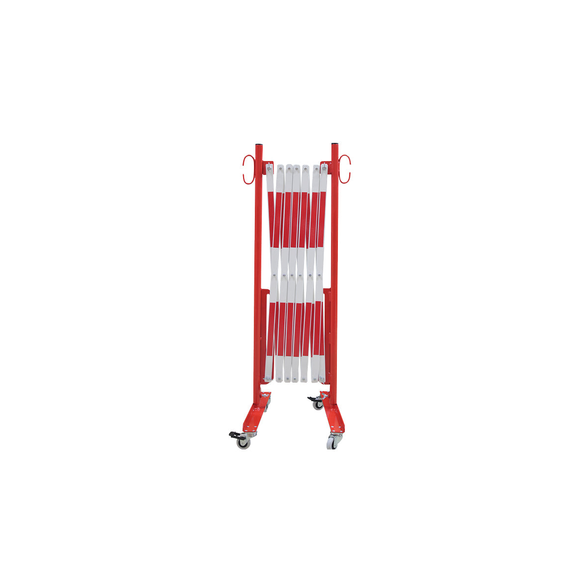Scherensperre mit Rollen, Stahl, rot-weiss lackiert, Max. Breite 4.0 m. Gewicht: 17.5 kg, B/H/T: 380 x 950 x 450 mm, zusammengeklappt