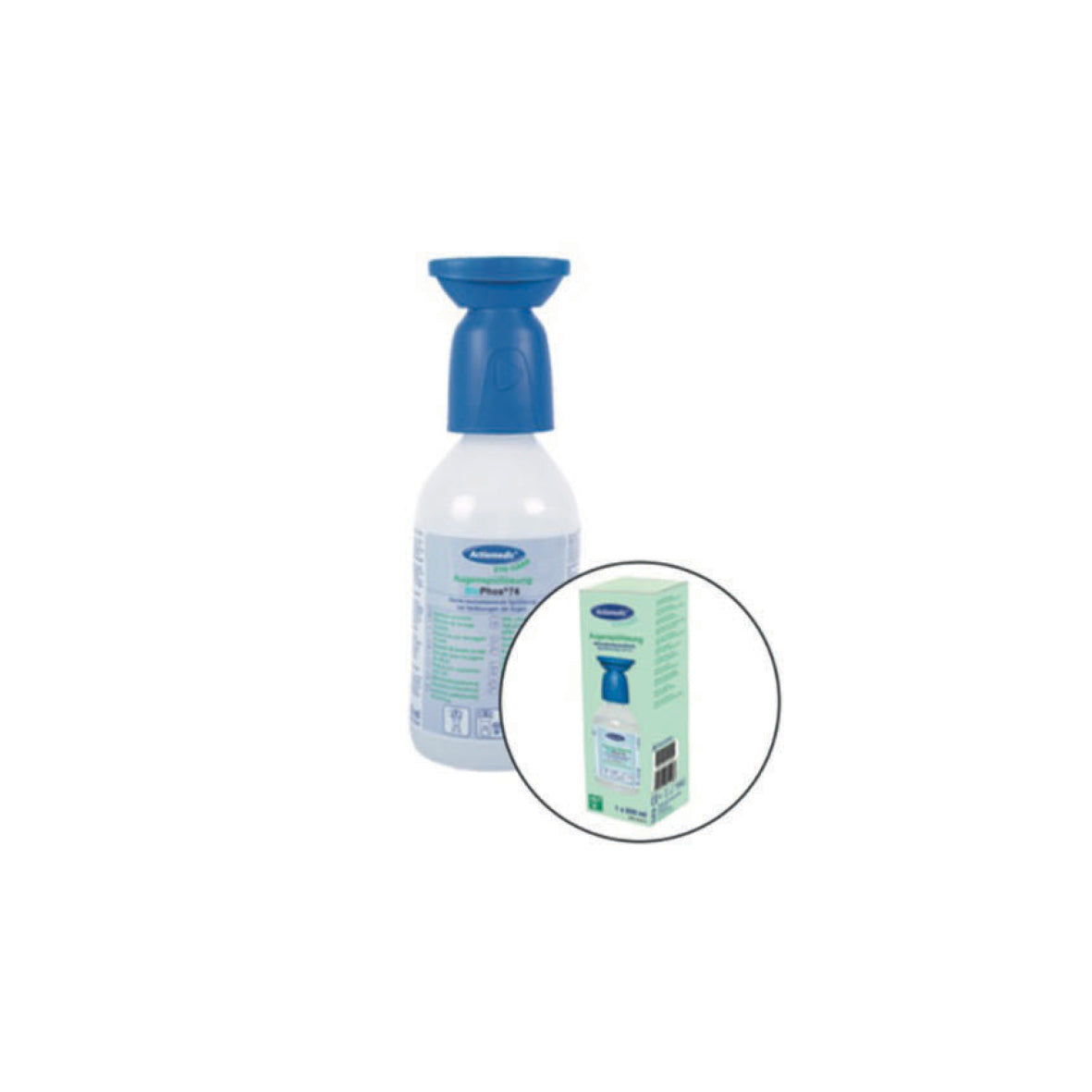 Augenspülflasche, 250 ml BioPhos®74 mit Staubschutzkappe. Spülzeit ca. 5 Min, Haltbarkeit: 3 jahre. VE 12 Stk., Einzelkarton