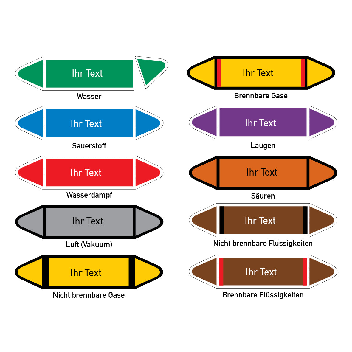 Rohrleitungsmarkierung DIN mit Text, 5.0150, VE 10 Stk., Text nach Wunsch, FO, mit Laminat