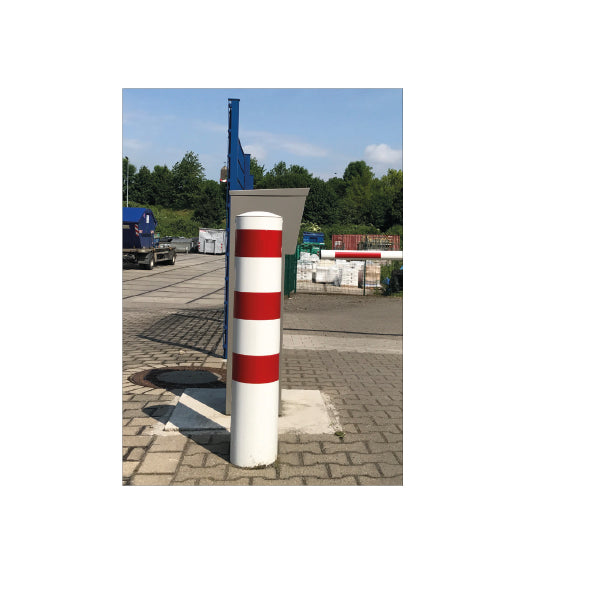 Stahlrohrpoller Ø 273 mm, 5.0 mm, L = 2000 mm, weiss mit 3 roten Streifen, feuerverzinkt, zum Einbetonieren, mit aufgeschweisster Kappe