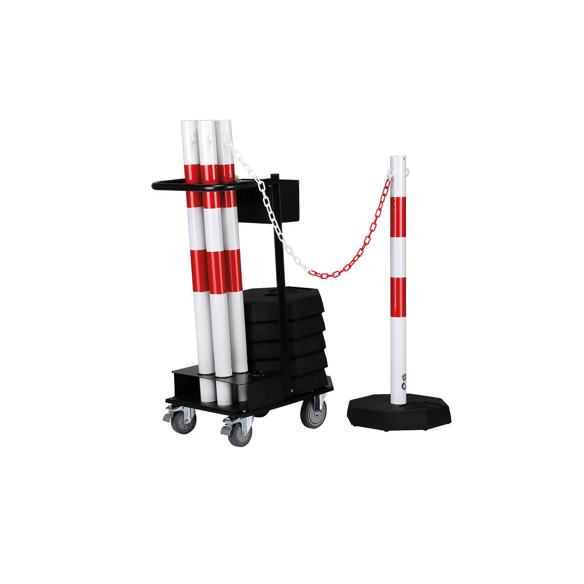 Kettenständer-Set Octa, ø 60 mm, rot-weiss, 6 Stk. mit Kette ø 6 mm 25 m und Fussplatte 8-eckig, 37 cm. Inklusive Transportwagen, 92 kg