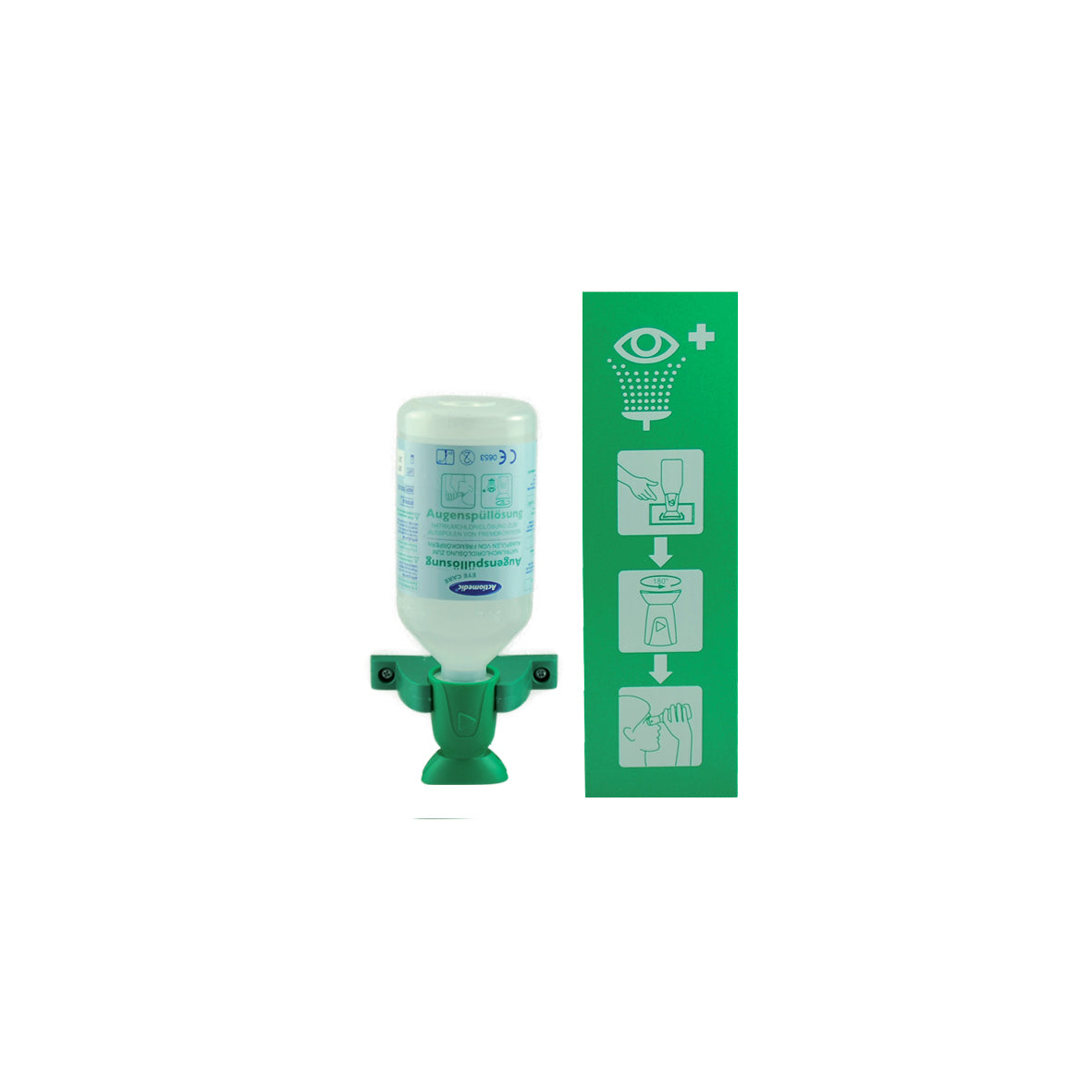 Augenspülstation, Single, 1 x 500 ml Natriumchloridlösung, 0,9 %. Haltbarkeit 3 Jahre. Spülzeit ca. 5 Min