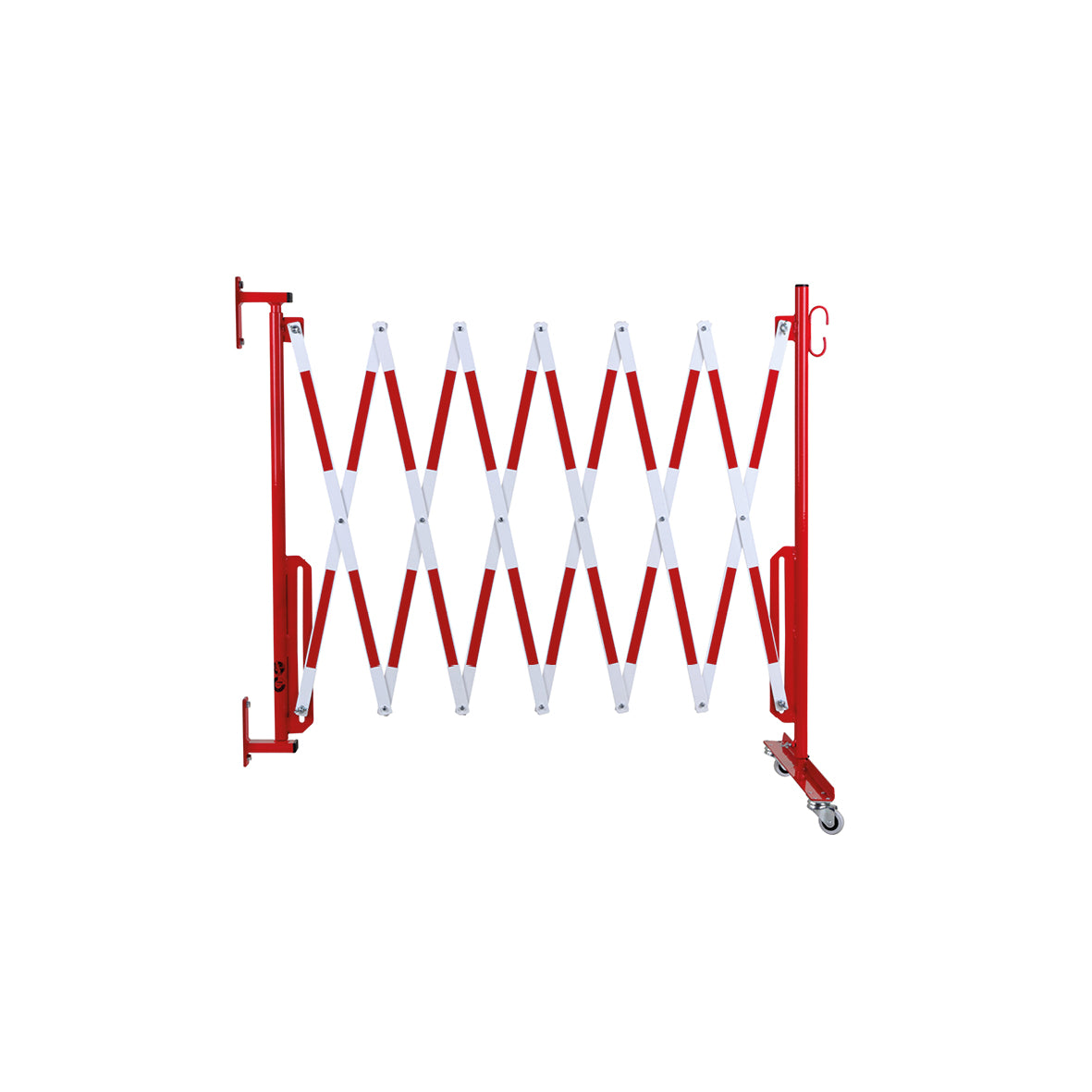 Scherensperre mit Rollen und Wandbefestigung, Stahl, rot-weiss lackiert, Max. Breite 4.0 m. Gewicht: 17.5 kg, B/H/T: 380 x 950 x 450 mm, zusammengeklappt