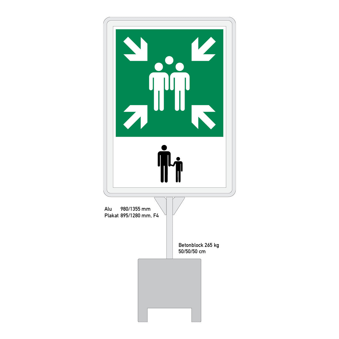 Plakatständer mit Betonblock, 265 kg, Format: 980 x 1355 mm, für Weltformat F4 895 x 1280 mm, mit 1 1/2" Hülse einbetoniert