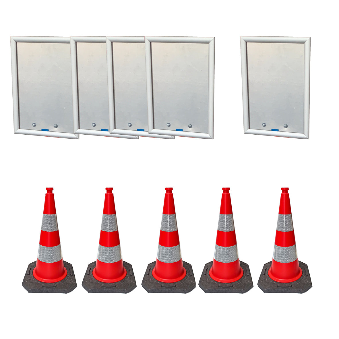 Leitkegel Zubehör, Klapprahmen A4 quer, 5-er Set, für Leitkegel, 20 mm Alu-Rahmen mit Alu-Rücken, Leitkegel 75 cm