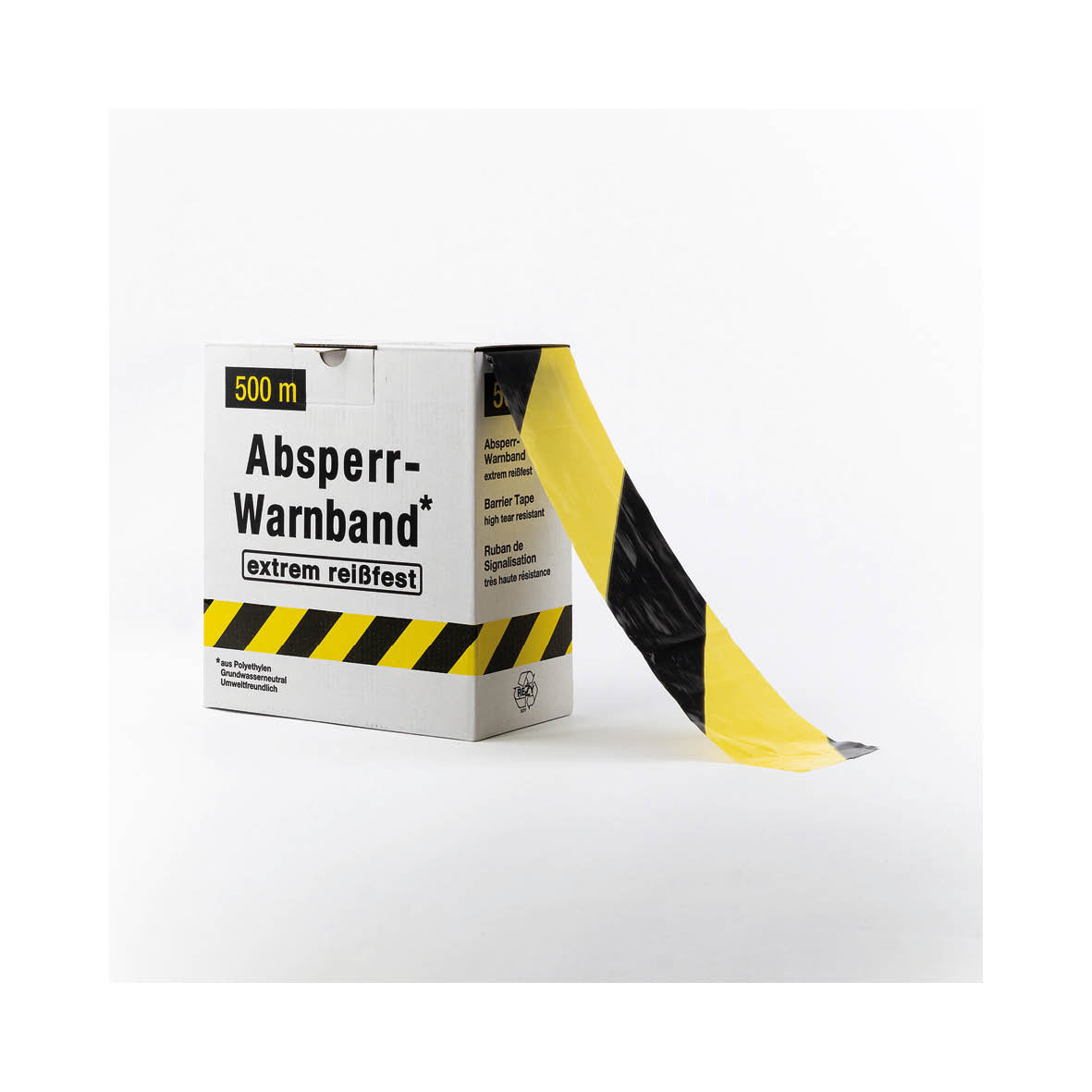 Absperrband, Standard, gelb-schwarz, schraffiert, VE 5 Stk.