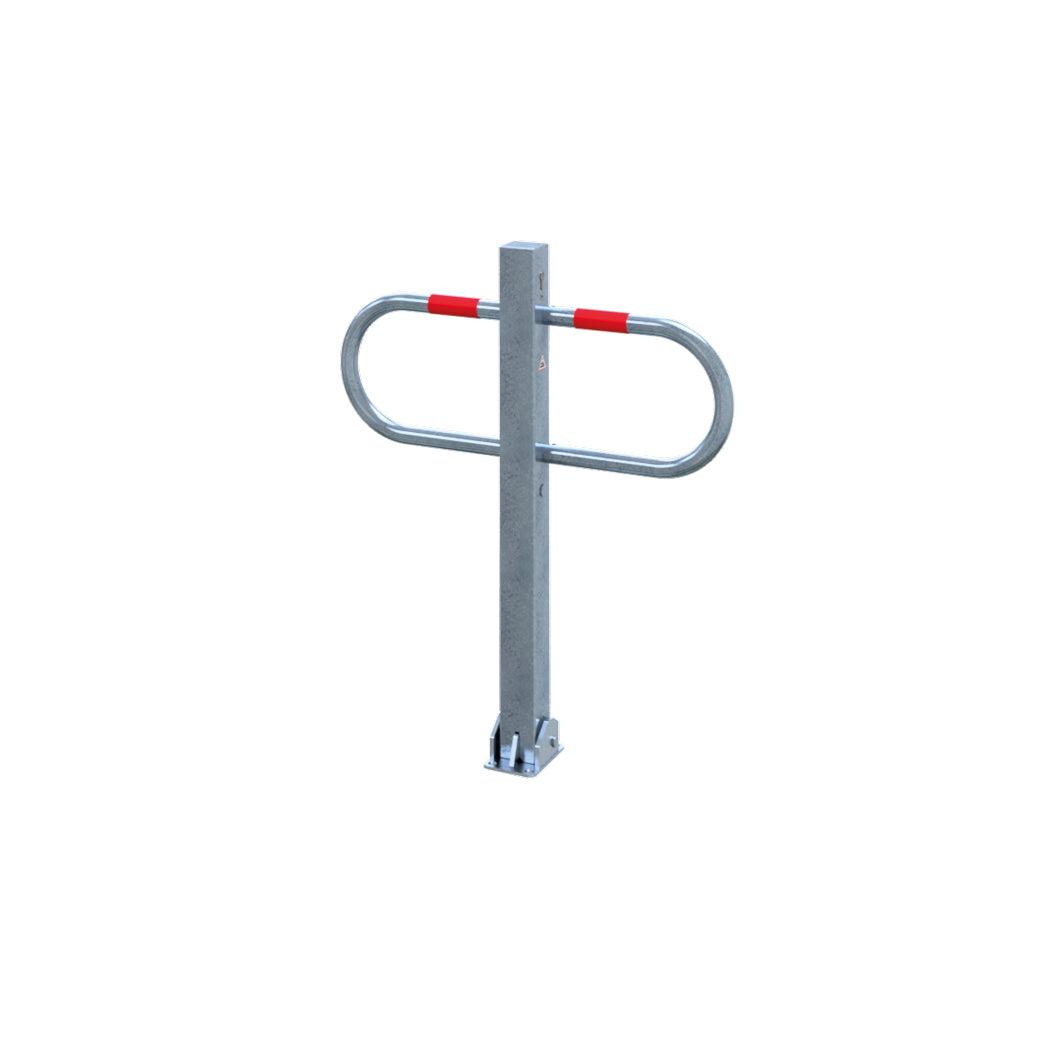Parkplatzsperre 2, 70/70 mm, H = 900, B = 800 mm, Sicherheitsschliessung, umlegbar zum Aufschrauben, verzinkt, rote Streifen R1