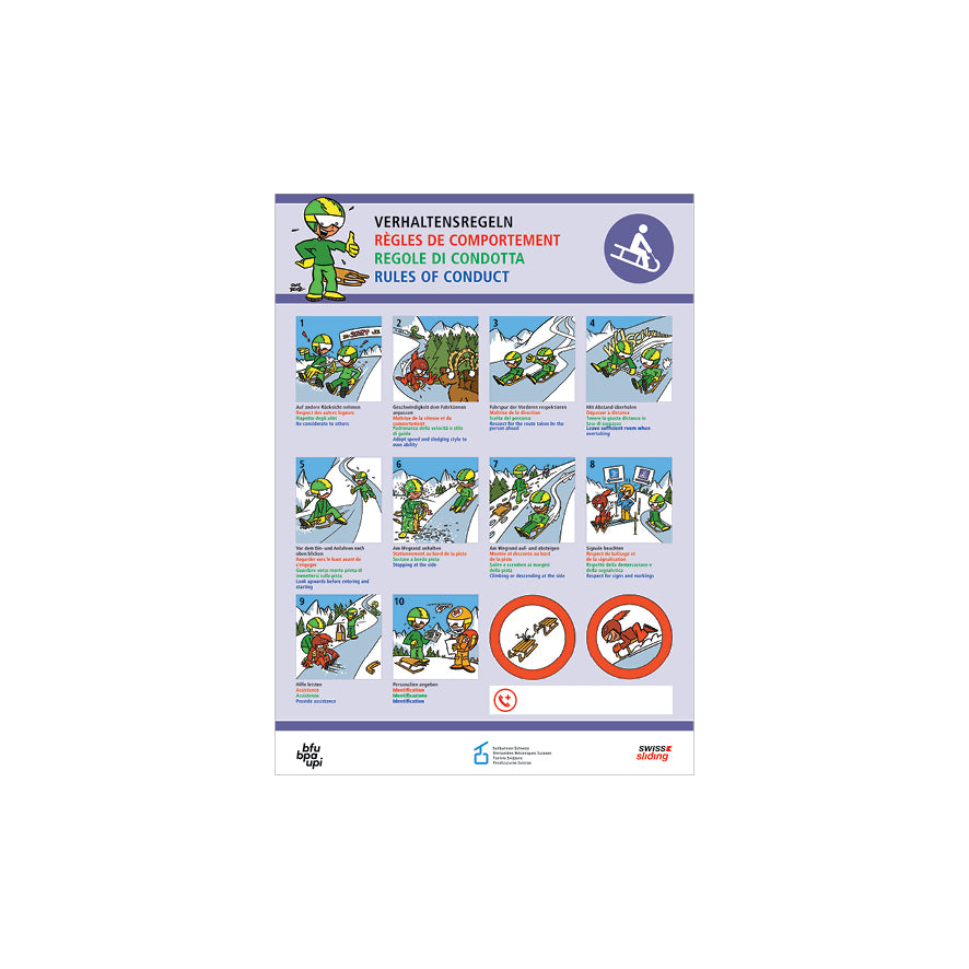 Pistenmarkierung Schlitteln, BFU 1.0037, Verhaltensregeln, 60 x 82 cm, Dibond Traffic 3 mm