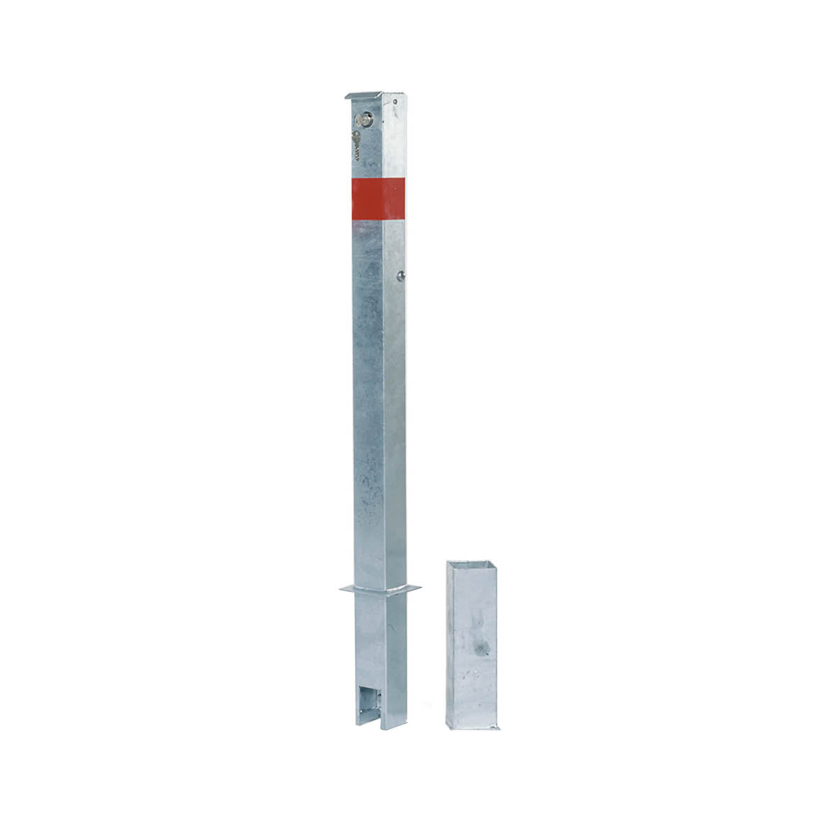 Absperrpfosten 70/70 mm KABA, Sicherheitsschliesung KABA 5000, verzinkt, mit roten reflektierenden Streifen, H=900 mm, mit Bodenhülse 250 mm