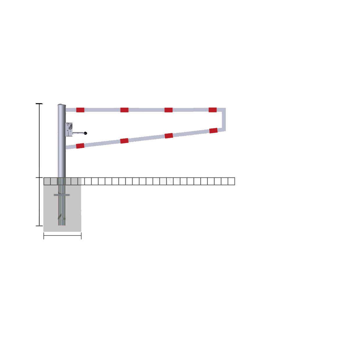 Drehbare Wegsperre, 200 cm, Vorhängeschloss, Säule aus Stahlrohr ø 102 mm, Höhe 950 cm über Erdreich, feuerverzinkt, in 90° Schritten drehbar. 35 kg