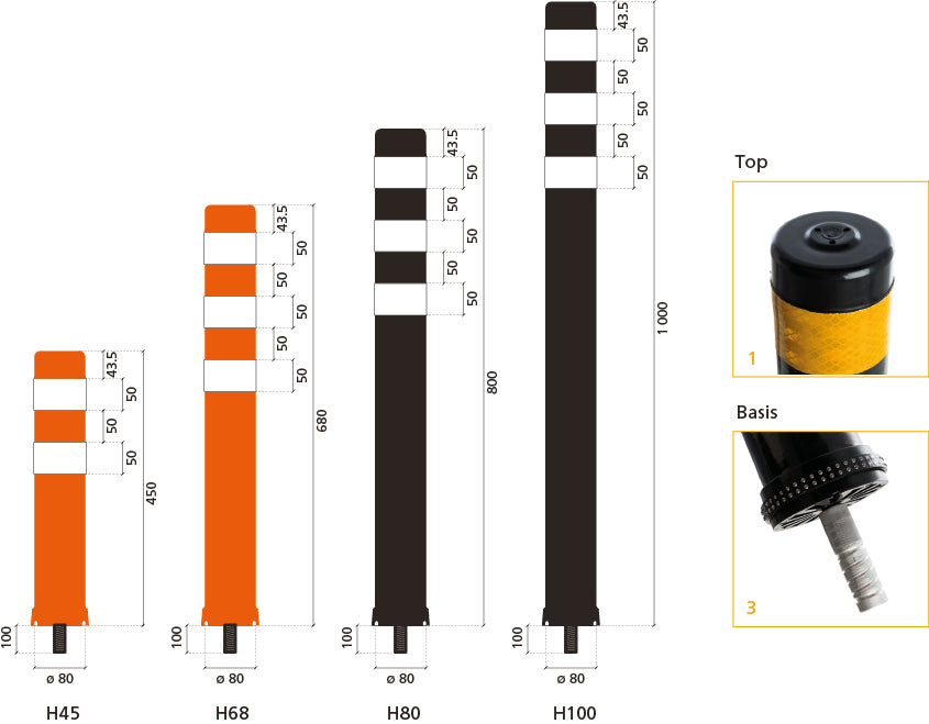 Flexbollard, schwarz, ø 80 mm, H 800 mm, Reflektierend, inkl. Bodenhülse, 1.7 kg