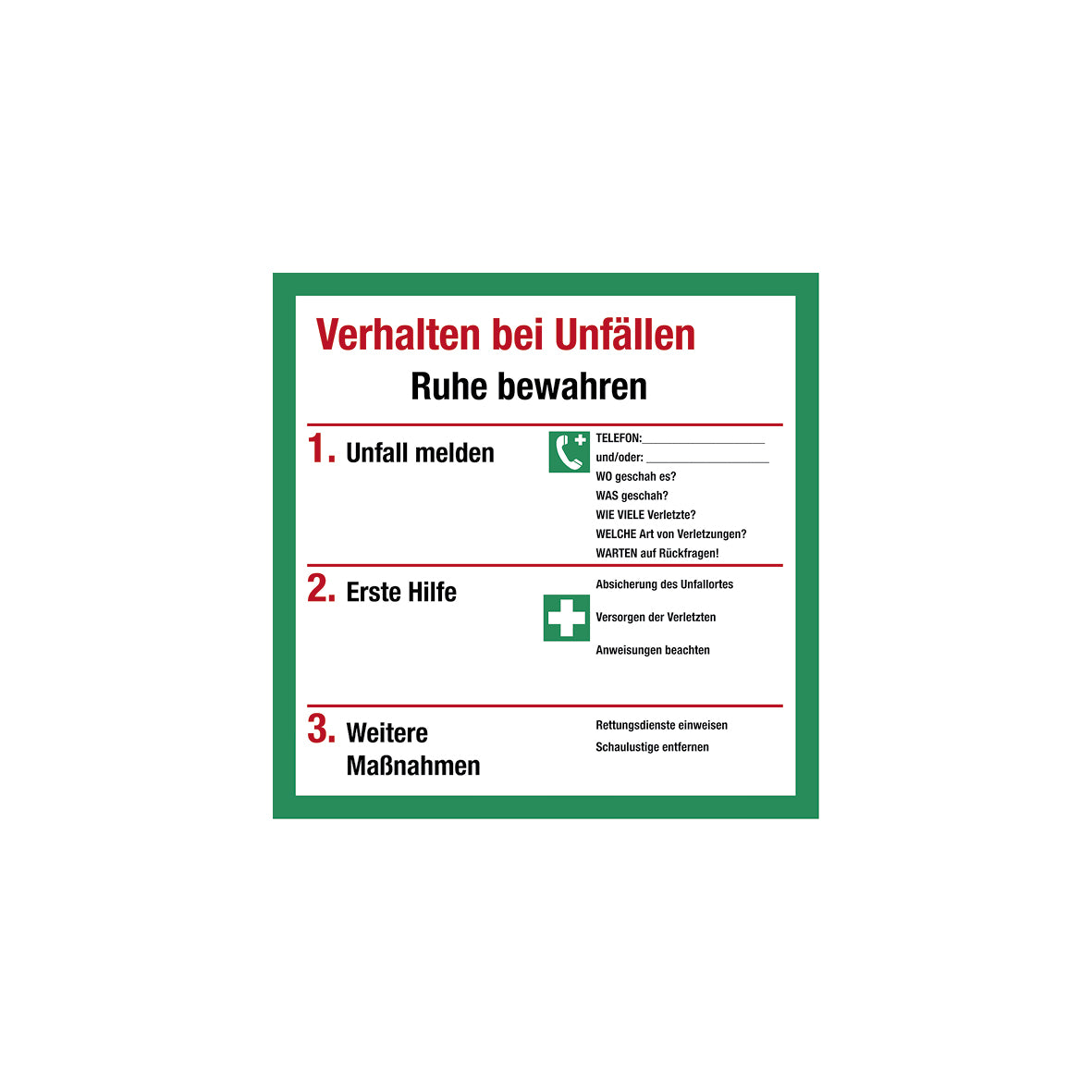 Hinweisschild 6.0431, KU, 200 x 200 mm, Kunststoff, Verhalten bei Unfällen