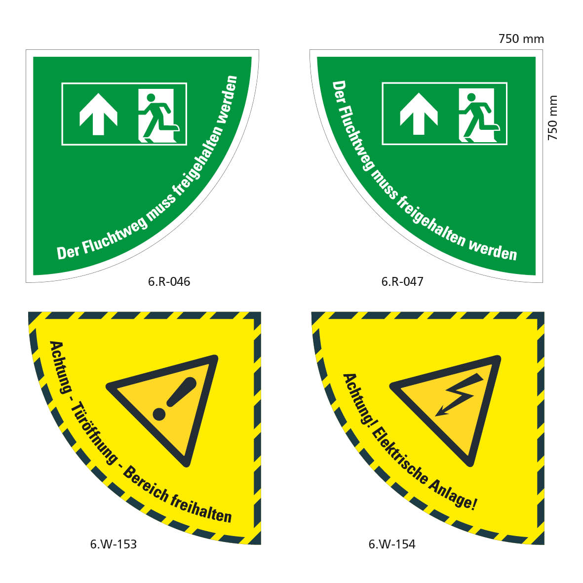 Bodenmarkierung 750/750  mm, Viertelkreis, FO mit Antirutschlaminat R10, Logobibliothek 6.R-046... und 6.W-153...