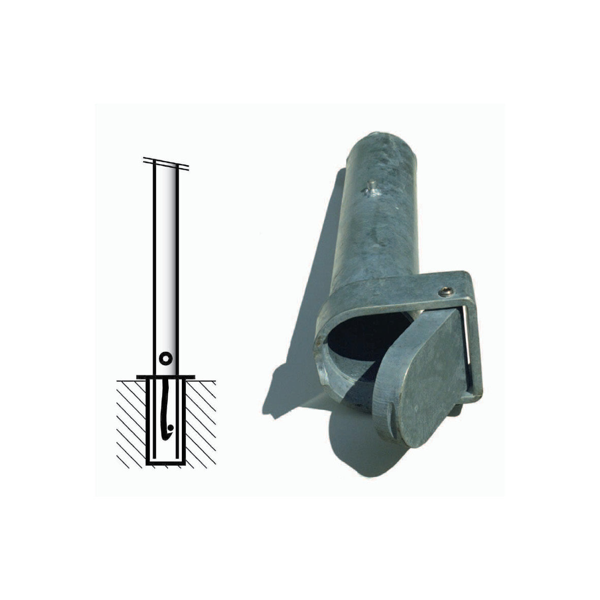 Bodenhülse Rowi, für Standrohr 2" (60 mm), mit schwerem Deckel, Länge 250/350 mm, für Hakenschloss