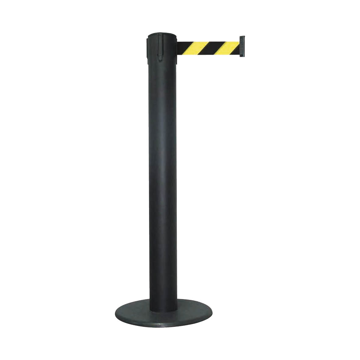Gurtabsperrpfosten TITAN, freistehend, Metall schwarz, Bodenteller Guss, rund, Gurt: 2 x 9.0 m, Gurtfarbe nach Wahl