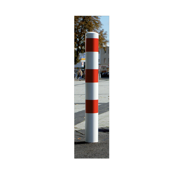 Stahlrohrpoller ø 193 mm, 3,6 mm, L = 2000 mm, weiss mit 3 roten Streifen, verzinkt, zum Einbetonieren, mit aufgeschweisster Kappe