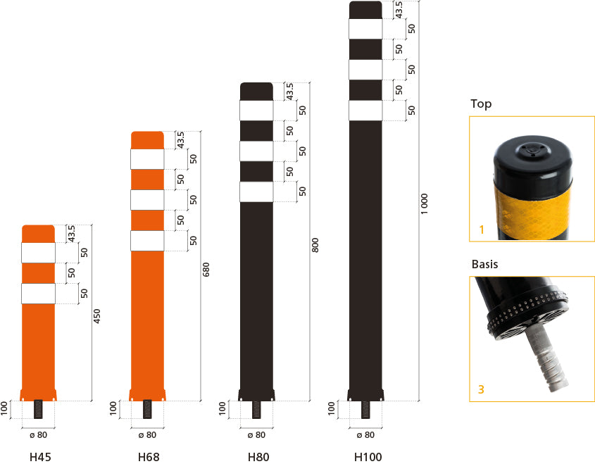 Flexbollard, orange, D = 80 mm, H = 800 mm, 3 weiss reflektierender Streifen, inkl. Bodenhülse, 1.7 kg, VE 5 Stk.