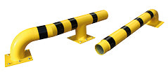 LKW-Einfahrhilfe zum Aufdübeln, verzinkt und gelb-schwarz, Einfahrtswinkel 15°, 1 Set beinhaltet 1 x links und 1 x rechts. ø 159 mm Rohr. 3000 x 305 x 180 mm. Gewicht 150 kg.