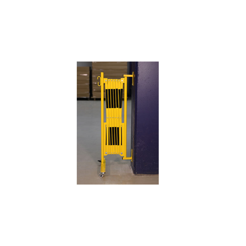Scherensperre mit Rollen und Wandbefestigung, Stahl, gelb-schwarz lackiert, Max. Breite 4.0 m. Gewicht: 17.5 kg, B/H/T: 460 x 950 x 450 mm, zusammengeklappt