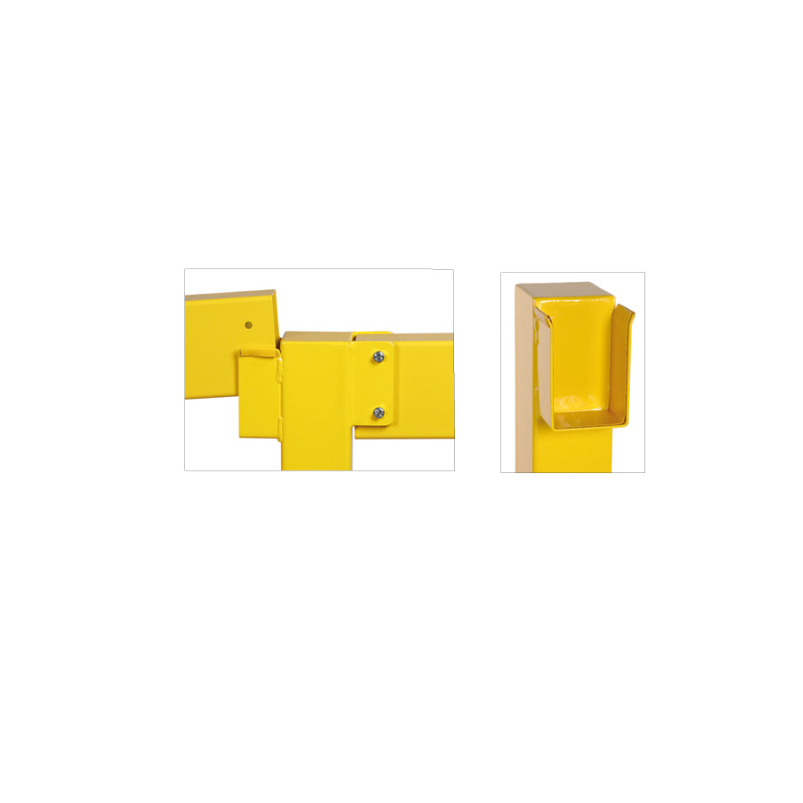 Sicherheitsgeländer, Endpfosten mit Entnahmelaschen, verzinkt, gelb pulverbeschichtet, ca. RAL 1023, L=1000 mm, 200/200 mm, 13.2 kg
