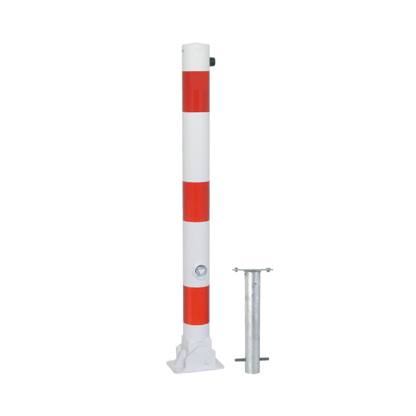Absperrpfosten ø 76 mm, umlegbar zum Aufschrauben, mit Dreikantschliessung, verzinkt und weiss beschichtet, mit roten reflektierenden Streifen, H=900 mm