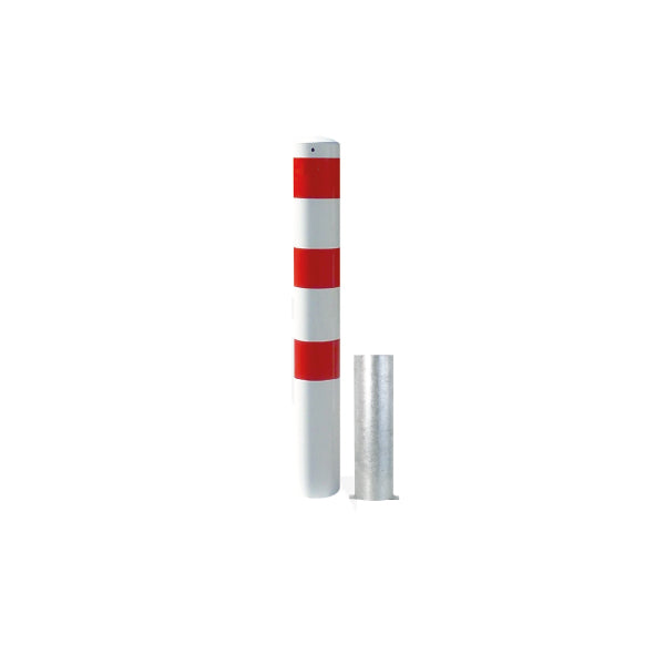 Stahlrohrpoller Ø 152 mm, 3,2 mm, L = 1500 mm, weiss mit 3 roten Streifen, feuerverzinkt, zum Herausnehmen mit Bodenhülse ohne Schliessung.