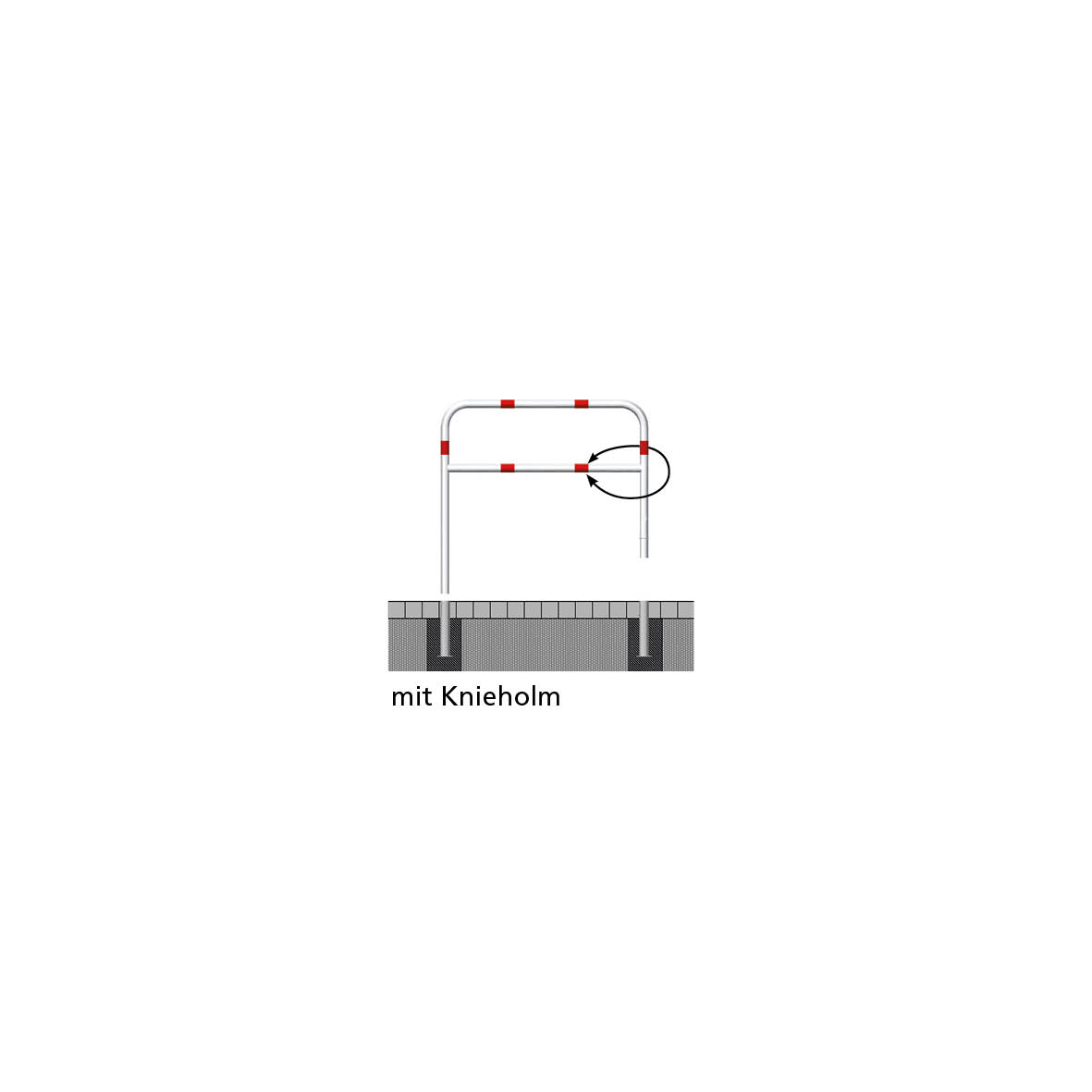 Wegsperre herausnehmbar mit Knieholm, drehbar mit Dreikantschliessung. Stahlrohr ø 60 mm, mit Knieholm, feuerverzinkt/weiss und 2 Bodenhülsen. 1000 mm Überflur. Breite 2000 mm, 27 kg