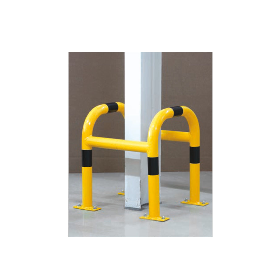 Pfostenschutz Stahl zweiteilig, verzinkt und gelb-schwarz, H/B 600/520 mm, ø 60 mm mit Bodenplatten zum Aufschrauben. Gewicht 19.0 kg