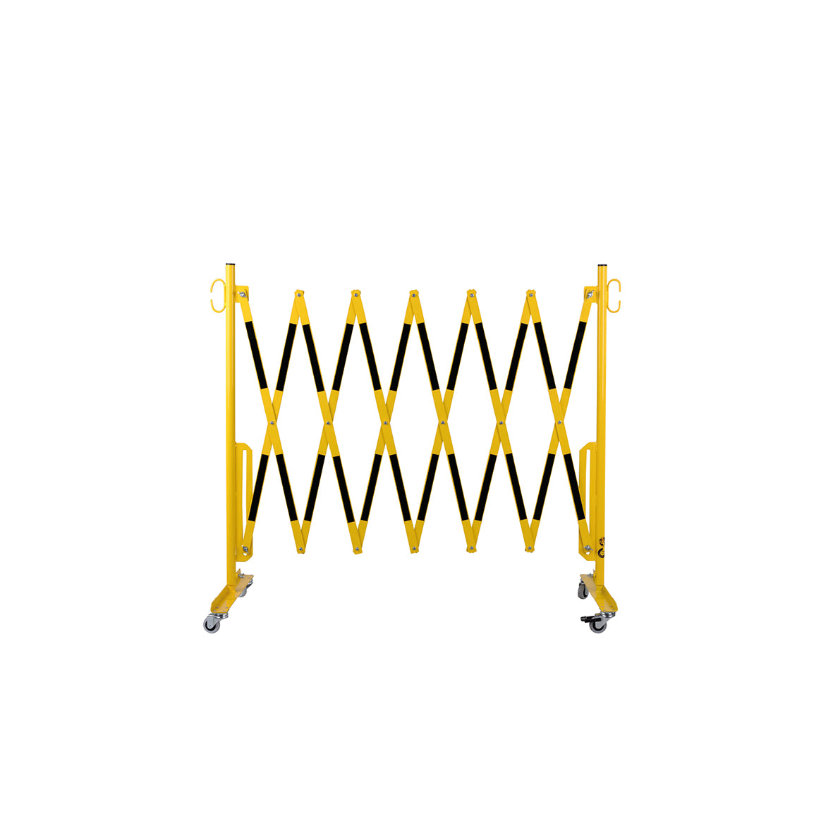 Scherensperre mit Rollen, Stahl, gelb-schwarz lackiert, Max. Breite 3.6 m. Gewicht: 12 kg, B/H/T: 380 x 950 x 450 mm, zusammengeklappt