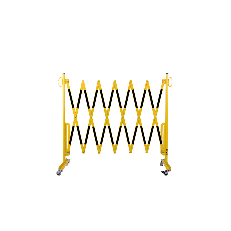 Scherensperre mit Rollen, Stahl, gelb-schwarz lackiert, Max. Breite 3.6 m. Gewicht: 12 kg, B/H/T: 380 x 950 x 450 mm, zusammengeklappt