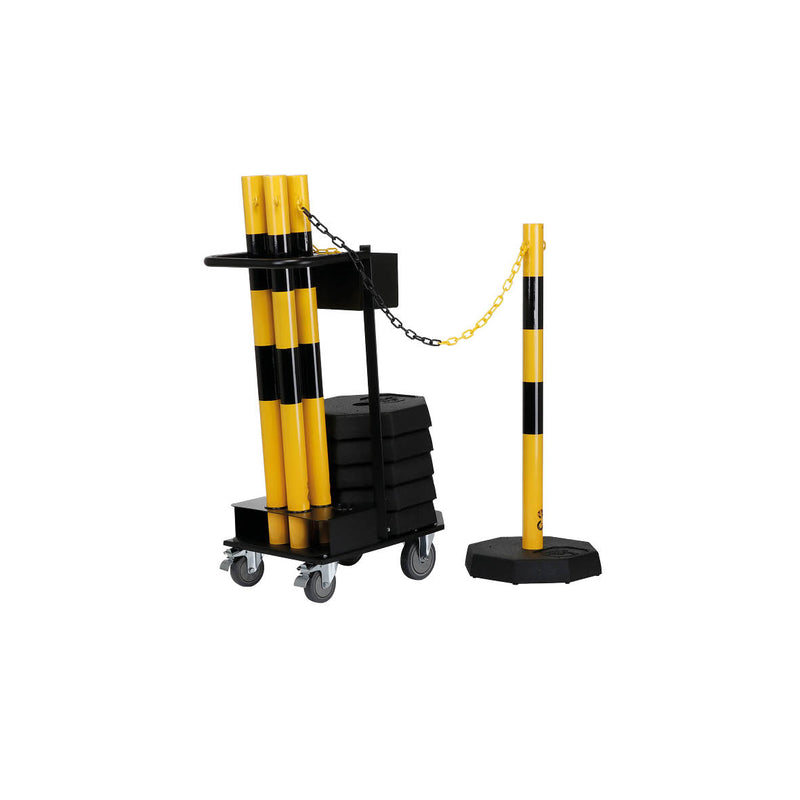 Kettenständer-Set Octa, ø 60 mm, gelb-schwarz, 6 Stk. mit Kette ø 6 mm 25 m und Fussplatte 8-eckig, 37 cm. Inklusive Transportwagen, 92 kg