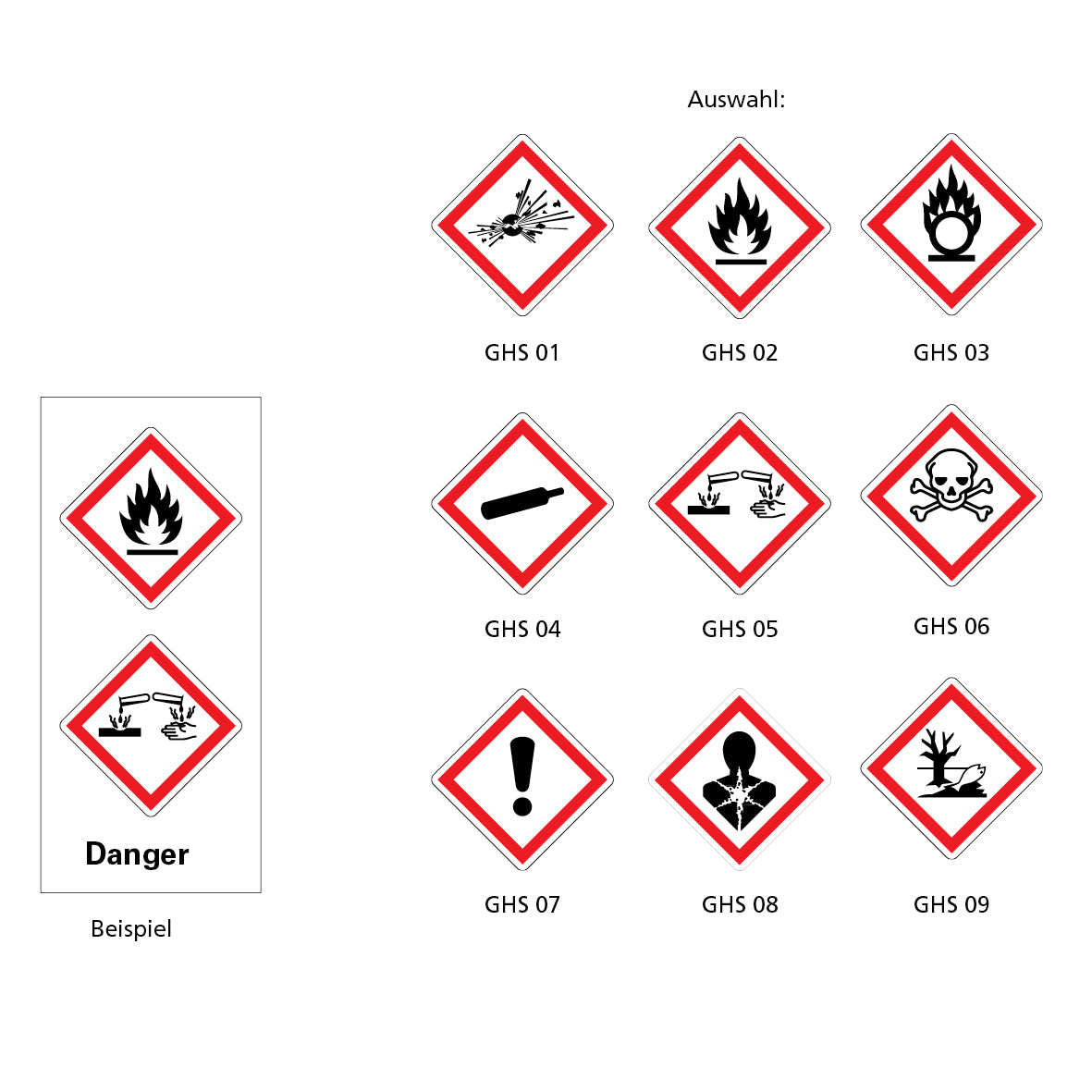 GHS-Grundetiketten, 2 GHS und Signalwort nach Wahl, 30 x 70 mm, Bo = 8 Stk., VE = Bo